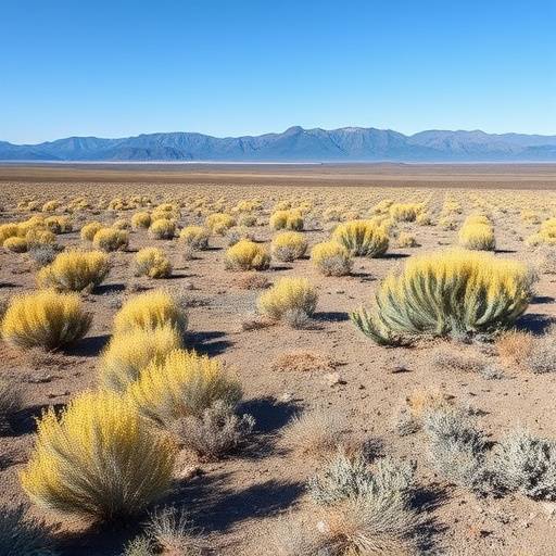 Arid desert landscape with sagebrush and distant mountain range in the Alvord Desert, Oregon.