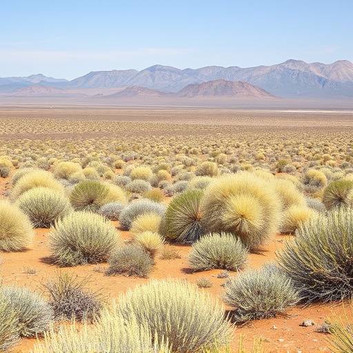 Arid desert landscape with sagebrush and distant mountain range