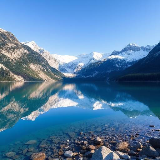 Crystal-clear mountain lake surrounded by snow-capped peaks