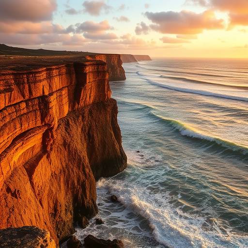 Dramatic cliffs overlooking the Pacific Ocean at sunset. Coastal scene with crashing waves.