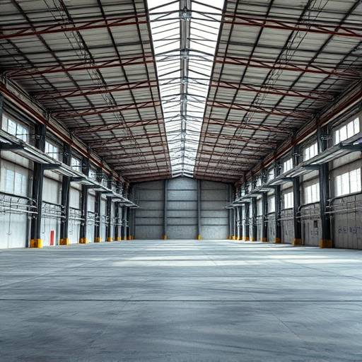 Example image of a warehouse for filtering category. Interior shot of a large, empty warehouse with concrete floors.
