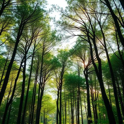 Example of a forest location. Dense forest of towering trees with sunlight peeking through the canopy.