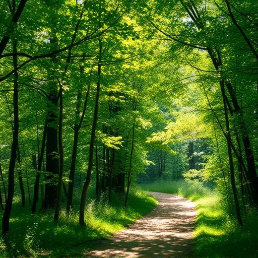Lush forest trail with dappled sunlight filtering through the trees