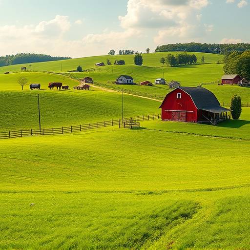 Picturesque rural farm with rolling green fields and a classic red barn.