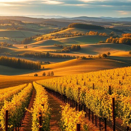 Rolling hills of vineyards in the Willamette Valley, Oregon during harvest season.