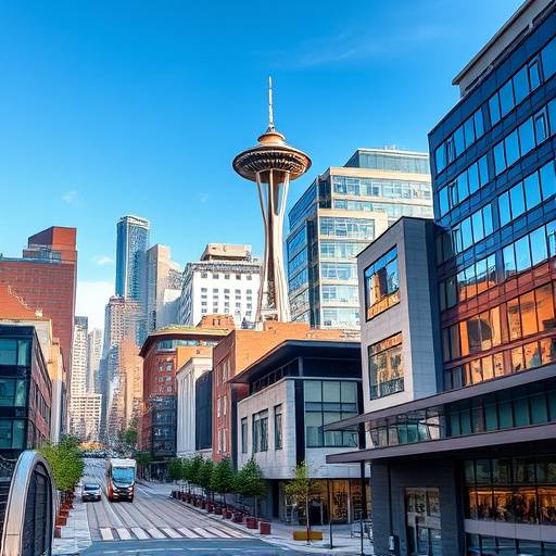 Vibrant urban district in downtown Seattle with modern architecture