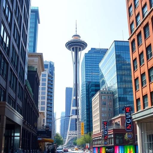 Vibrant urban district in downtown Seattle with modern architecture and bustling streets.